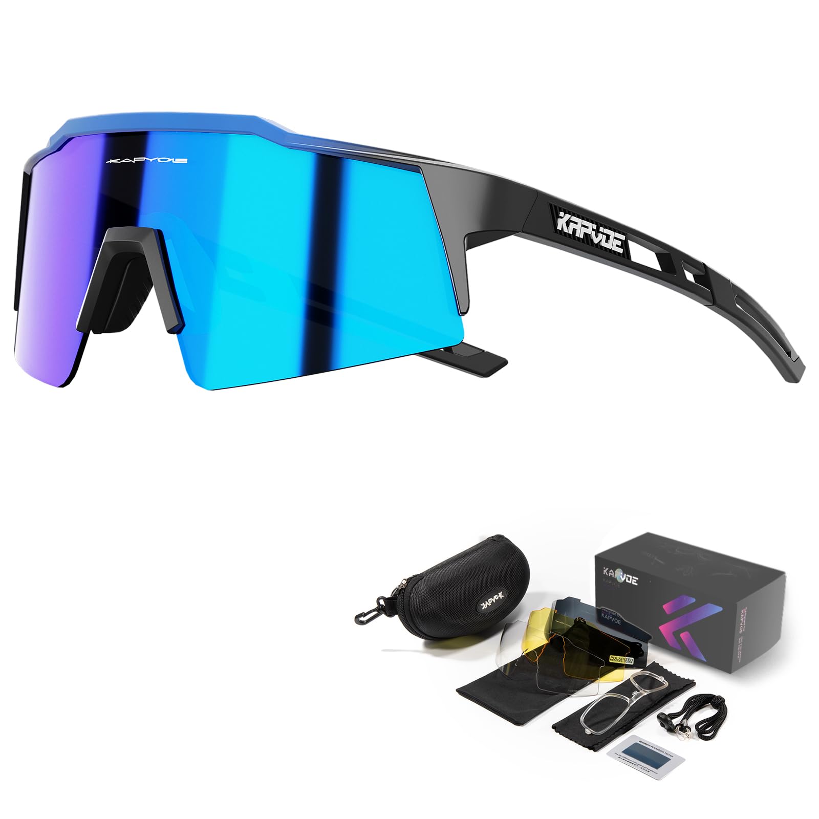KAPVOE Cycling Glasses Polarized Mountain Bike Sunglasses Women Men MTB Bicycle Riding Motorcycle with 4 Interchangeable Lense 07 Blue Black