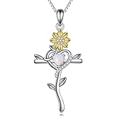 POPLYKE Cross Necklace for Women Sunflower Cross Necklace Birthstone 925 Sterling Silver Opal Pendant Religious Jewelry Sunflower Gift for Her