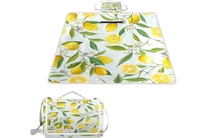 MNSRUU Picnic Blanket Waterproof Foldable, Lemon Floral Large Outdoor Picnic Blanket Beach Blankets Camping Blanket Travel Mat, Shoulder Strap Tote, Rectangle 57x59in