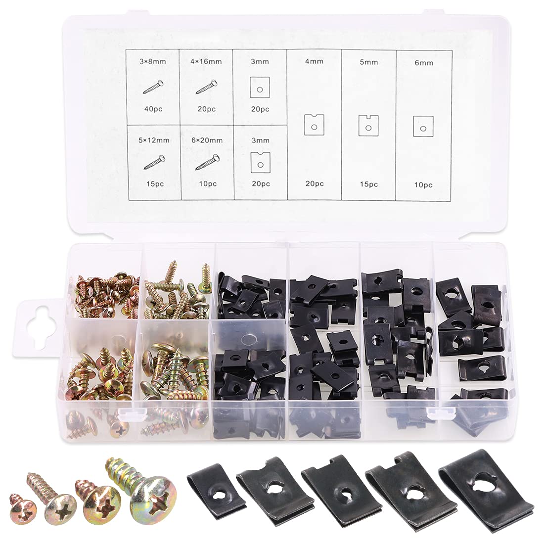 Rustark 170 Pcs U-Clip and Screw Assortment Kit 9 Sizes Auto Car Clips Fasteners with Screws Set in Store Case for Bumper Dash Door Panel Interior