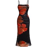 Milumia Women Floral Ruched Fishtail Bodycon Midi Dress Mesh Sleeveless Spaghetti Strap Cami Party Wedding Guest Dress