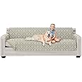 Sofa Shield Couch Slip Cover with Patented Strap, Cushion Protector, Reversible Stain and Dog Tear Resistant Slipcover, Quilted Microfiber 88” Seat, Washable Covers, Dogs Pets Kids, Damask Latte Ivory