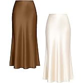 Velvelhall 2 Pack Womens Satin Midi Skirts Silk a Line Hidden Elastic High Waist Elegant Casual Flowy Long Skirts(Brown, Champagne,X-Small)