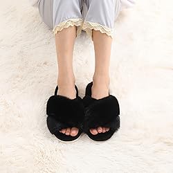 Evshine Women's Fuzzy Slippers Cross Band Memory