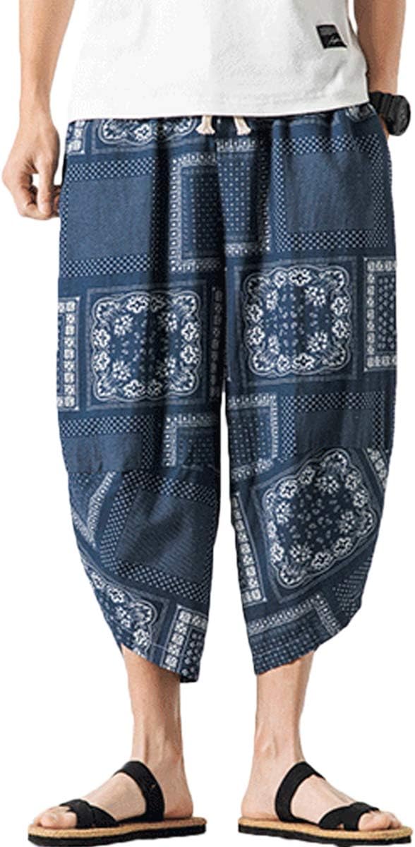 Mirecoo Men's Summer Boho Hippie Wide Leg Cotton Baggy Harem Pants Trousers with Pockets