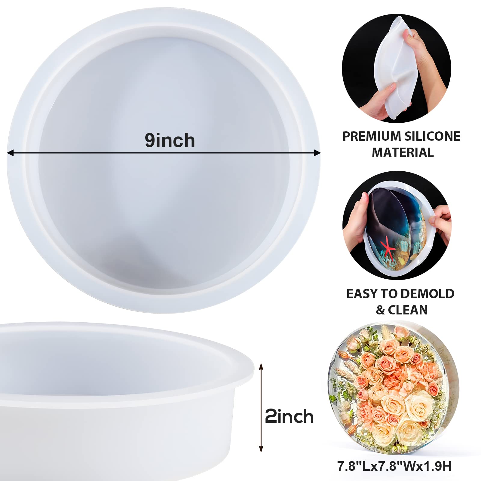 9 Inch Large Resin Molds, BABORUI Upgraded Round Silicone Molds for Resin Casting, Deep Circle Epoxy Resin Molds for Home Wall Decor, Desktop Decoration, Flowers Preservation