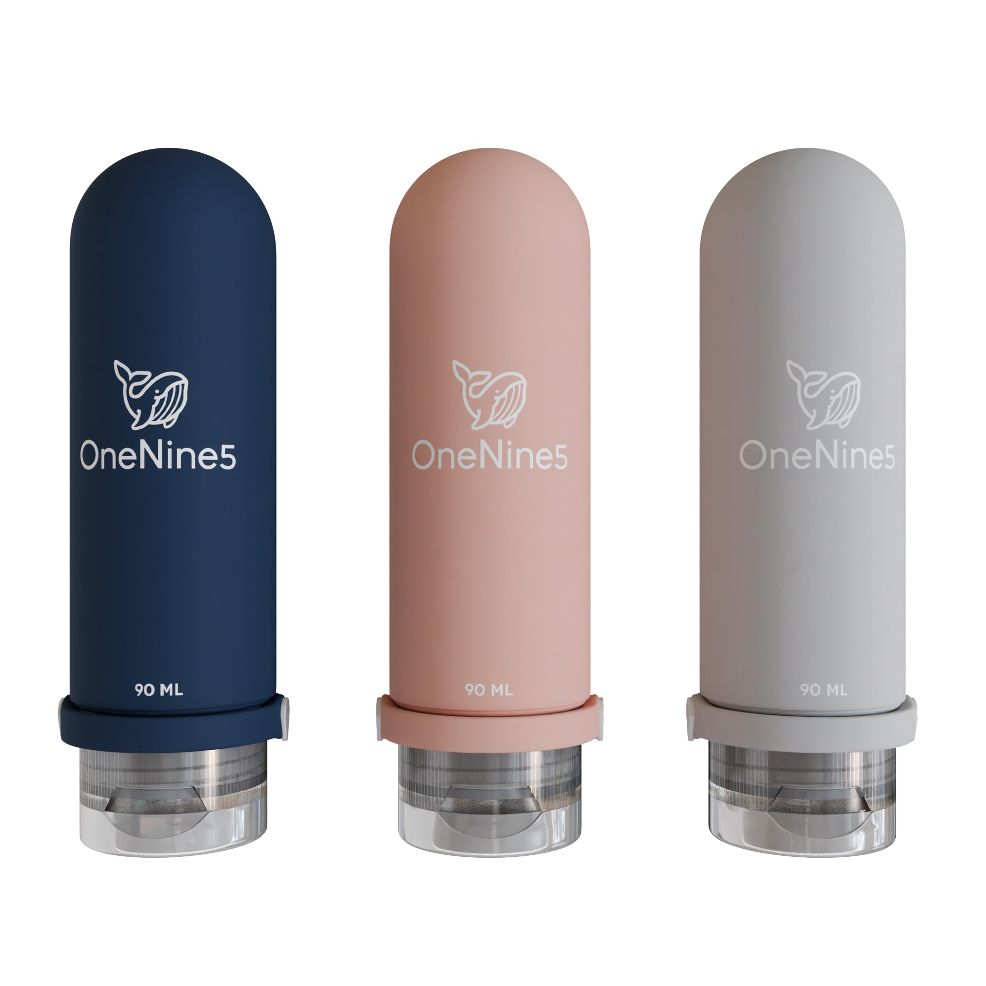 OneNine5 Grey/Pink/Blue Reusable Silicone Travel Bottles, Squeezable, Refillable and Leakproof Design for Toiletries and Cosmetics, Pack of 3 65ml