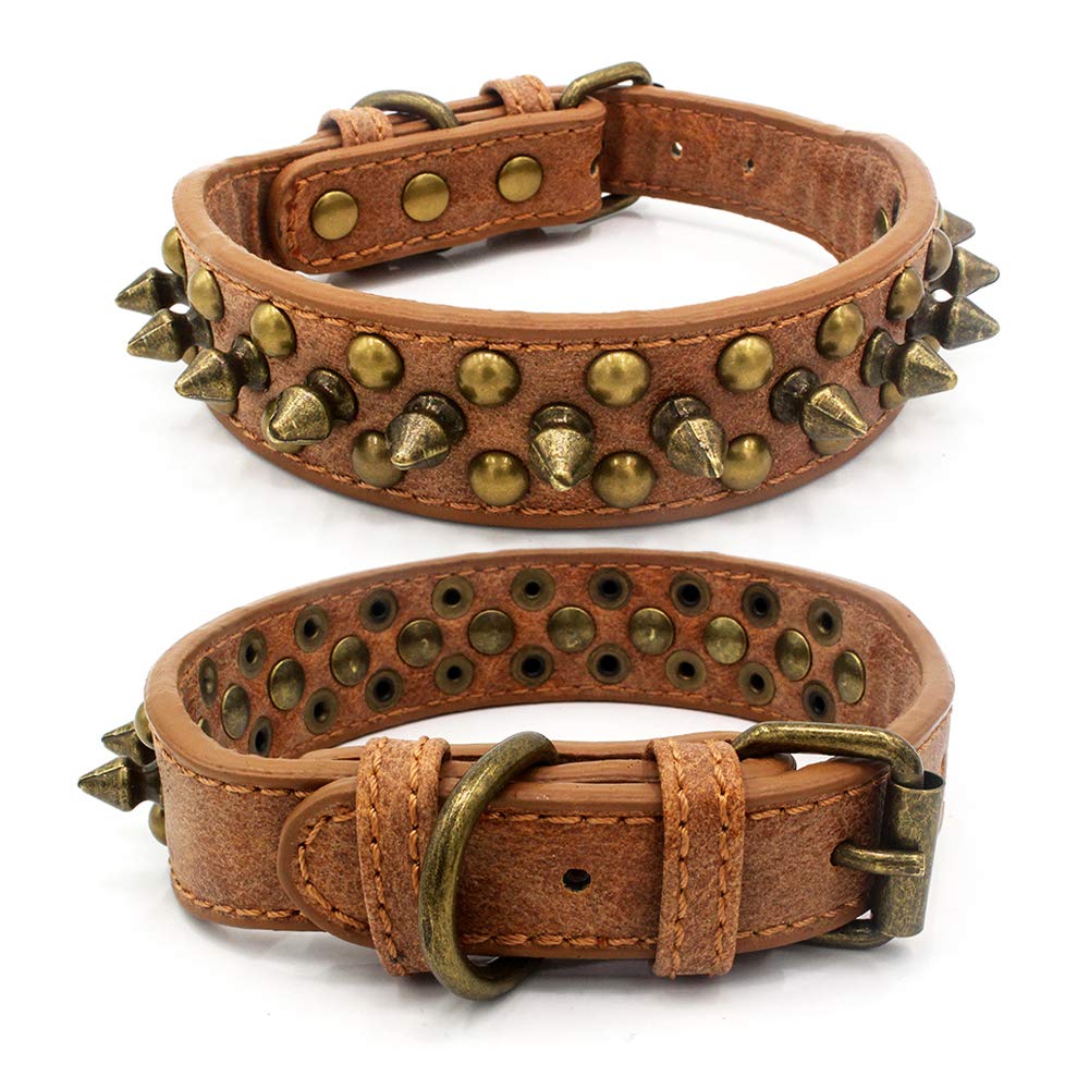 haoyueer Spiked Studded Dog Collar, Adjustable Pu Leather Puppy Collar for Small Medium Dogs Bulldog Pitbull Mastiff Poodle Boxer (L, Brown)