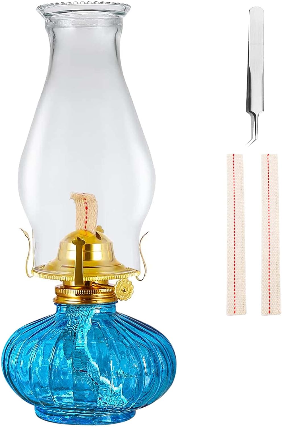 Oil Lamps & Accessories - Large Oil Lamp for Indoor Use,Rustic Kerosene Lamp with 2 Pcs Wicks and 1 Tweezers,Glass Hurricane Lantern for Home Emergency Lighting (Blue)