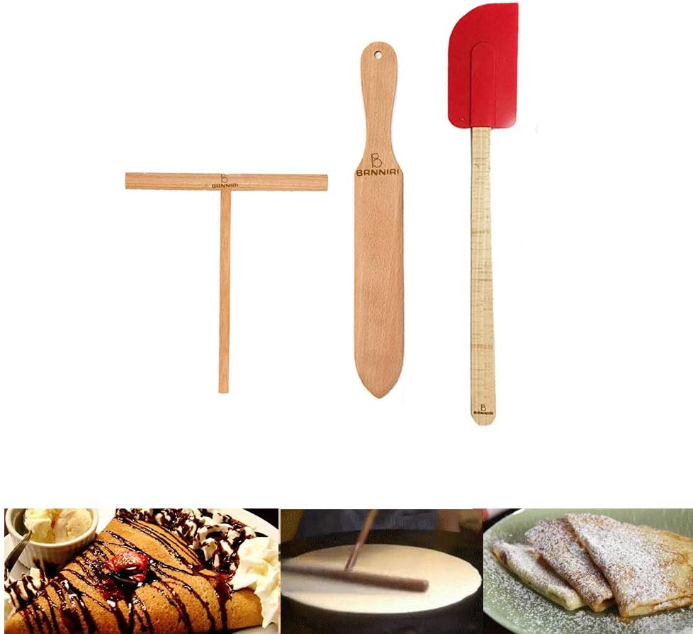 Wooden Crepe Spatula and spreaders Wooden Spatula Set Perfect Size to Fit Medium Crepe Pan 100% Natural Beechwood Crepe Spreader and Spatula for Cooking (M SET)
