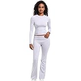 LUXURY-VITA 2 Piece Lounge Sets for Women Casual Long Sleeve Crop Top Fold Over Flare Yoga Leggings Pants Outfits Pajamas Set
