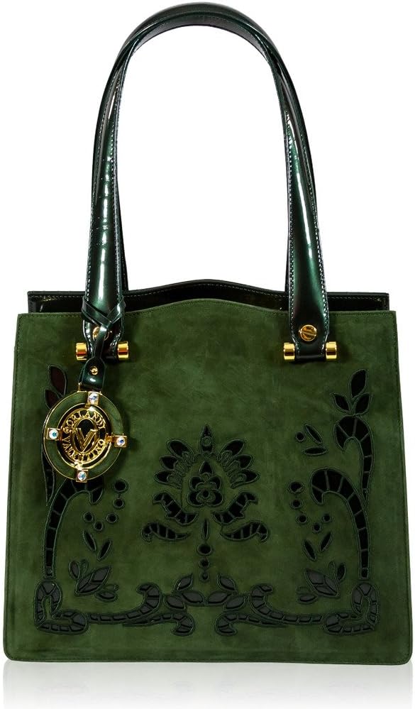 Valentino Orlandi Italian Designer Laser Cut Green Suede Leather Purse Shoulder Bag