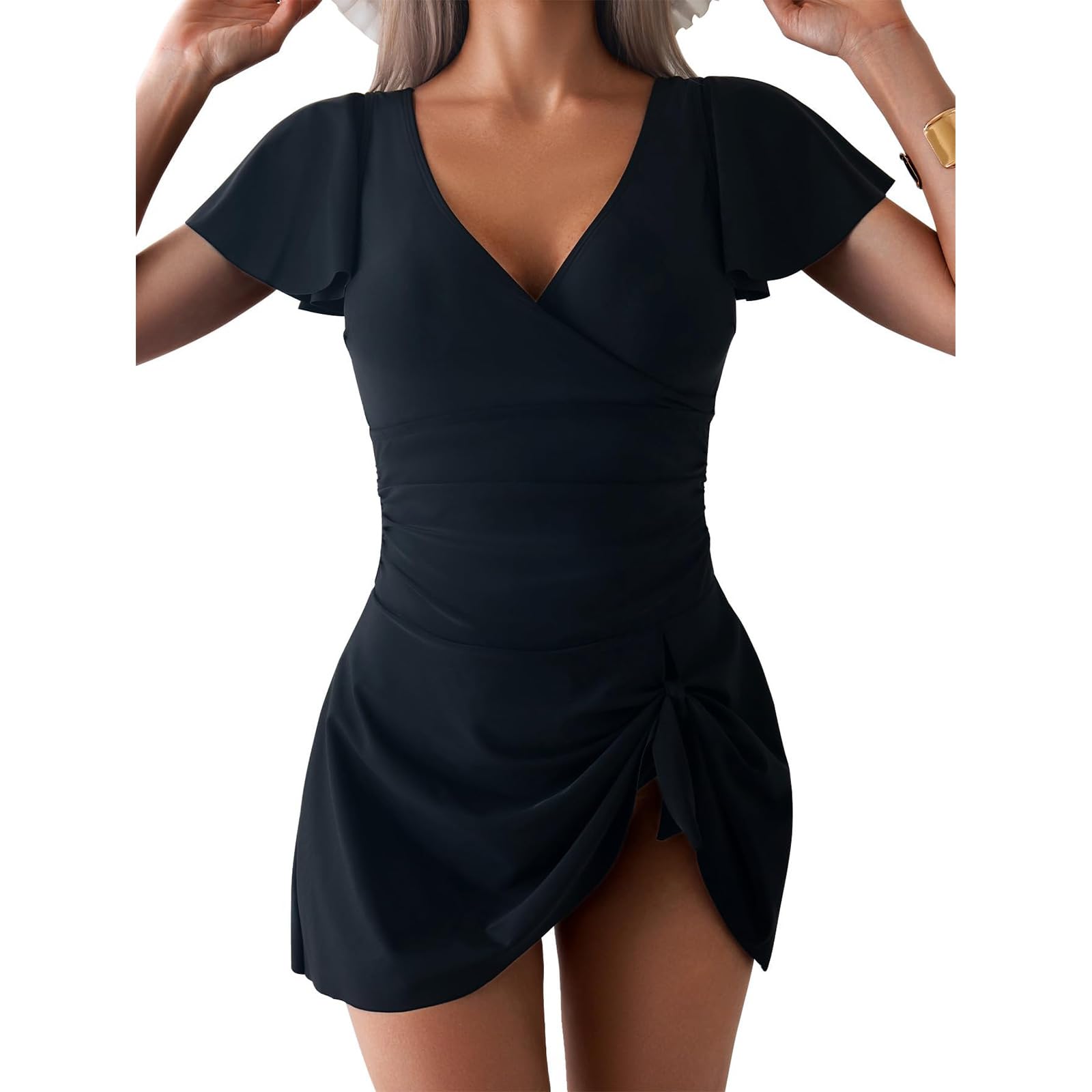 TcIFE Women's One Piece Swimsuit V Neck Tummy Control Swim Dresses Bathing Suits Skirt Swimwear Black