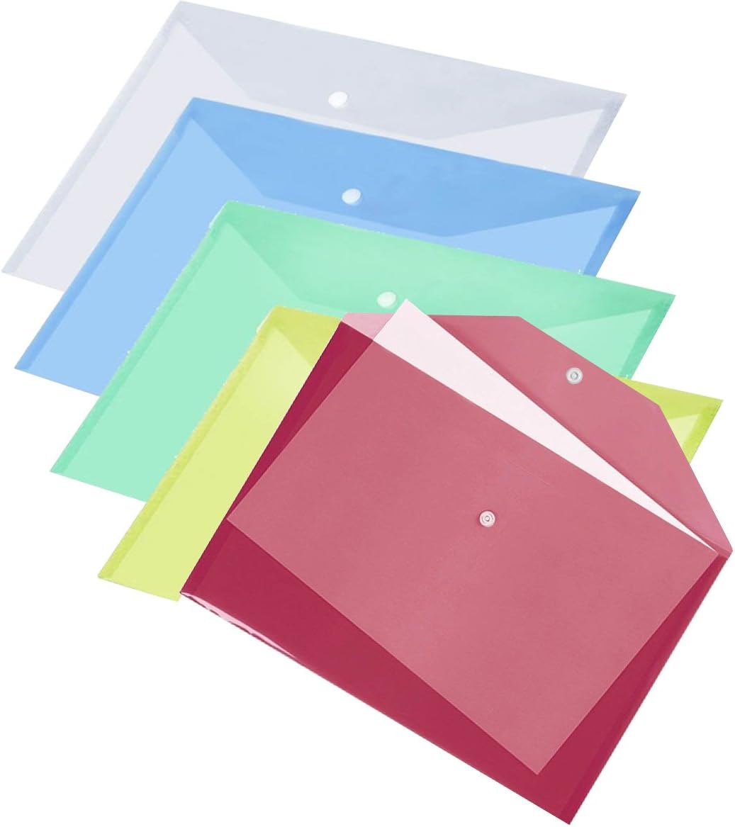 JJOnline Store - Pack of 10 Polypropylene Clear Transparent File Folder A4 Paper Document Envelope Plastic Folders Popper Wallets Filing, Random Colours