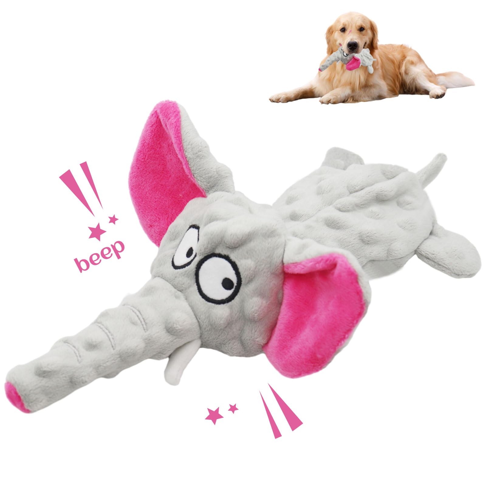 Acehome Squeaky Interactive Elephant Toy for Dogs - No Stuffing Plush Chew Toy With Crinkle Paper - Durable for Medium and Large Dog - Gifts for Playing and Training