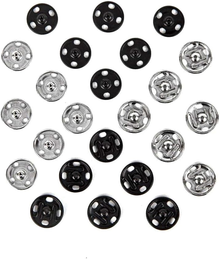 Samuay Snap Buttons for Sewing and Crafting 72 Sets in 2 Colors Black and Silver - Heavy Duty Metal Snaps for Leather Jackets, Jeans, Bags & Clothing - 10mm