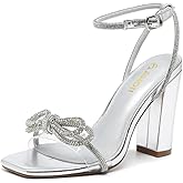 Amoji Women's 4 Inch Rhinestone Bowknots Block Heeled Crystal Sandal Ankle Strap Clear Heels 315