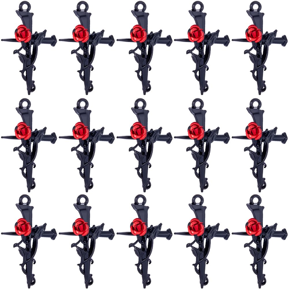 SUNNYCLUE 30pcs Rose Cross Gothic Style Black Crosses Red Rose Flower Beads Crucifix Charms for Jewellery Making DIY Earrings Necklace Supplies