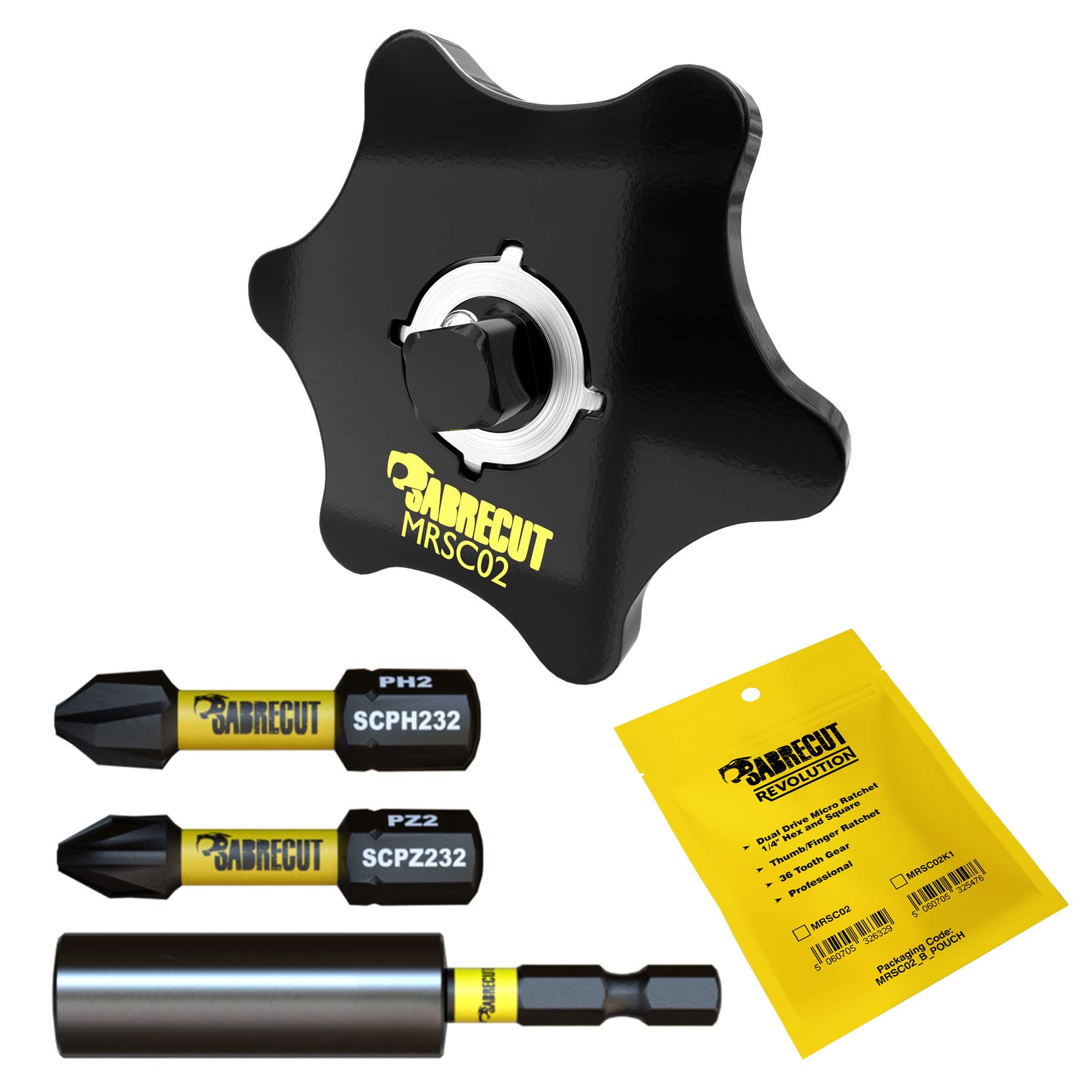 SabreCut 4 Piece MRSC02K1 DualDrive Square Drive Thumb Mini Micro Ratchet 1/4" Professional 36 Tooth Gear Finger Ratchet with 32mm PH2 PZ2 and 60mm Magnetic Impact Bit Holder