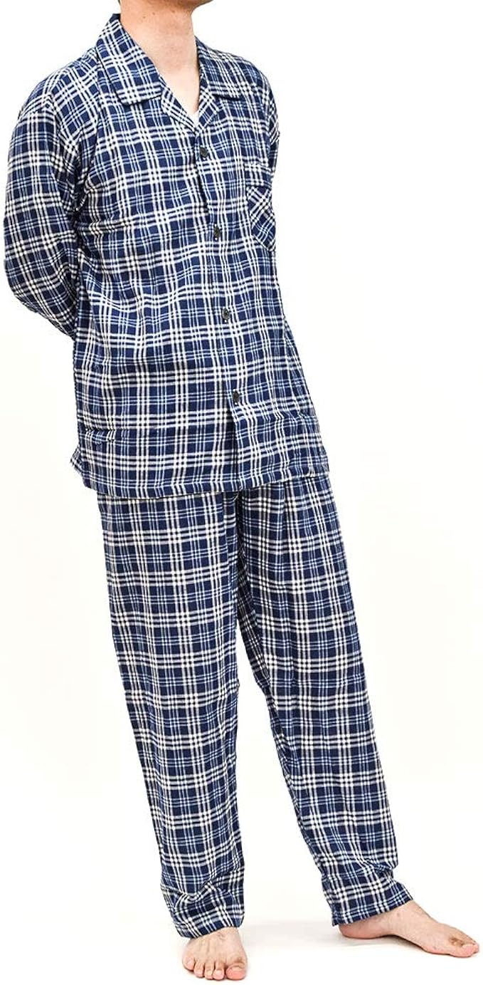 Amazon パジャマ メンズ 綿100 M L Ll 2l 長袖 長ズボン 播州織り 衿付き 全開 前開き 紳士 コットン 先染め 春 夏 秋 オールシーズン 柄 ギフト ブルー グレー ネイビー パジャマ 通販