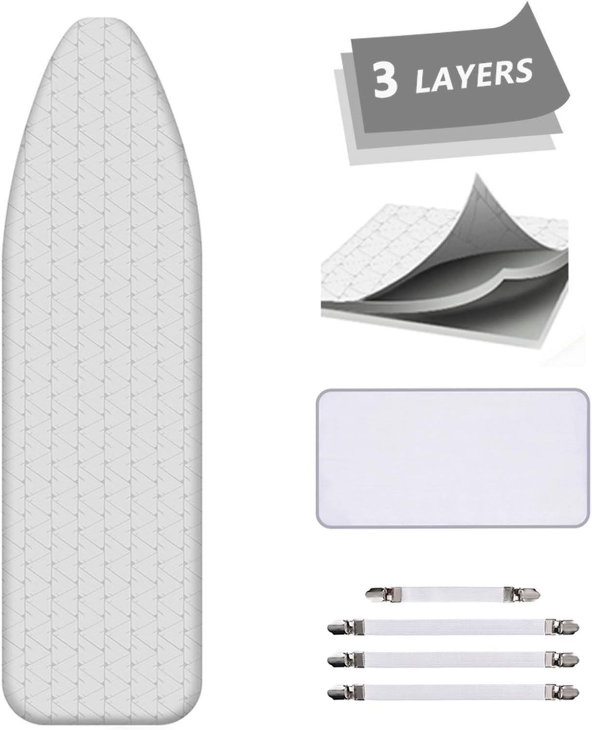 AUSHEN Ironing Board Cover and Pad Extra Thick Padding Silver Coated Scorch and Stain Resistant 15 x 54 inch Replacement Iron Board Cover with Elastic Edge 4 Fasteners 1 Protective Scorch Mesh Cloth