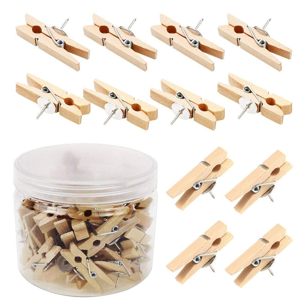 Push Pins with Wooden Clips 50Pcs Pushpins Paper Clips Clothespins Natural Thumbtacks for Cork Boards Artworks Notes Photos Craft Projects