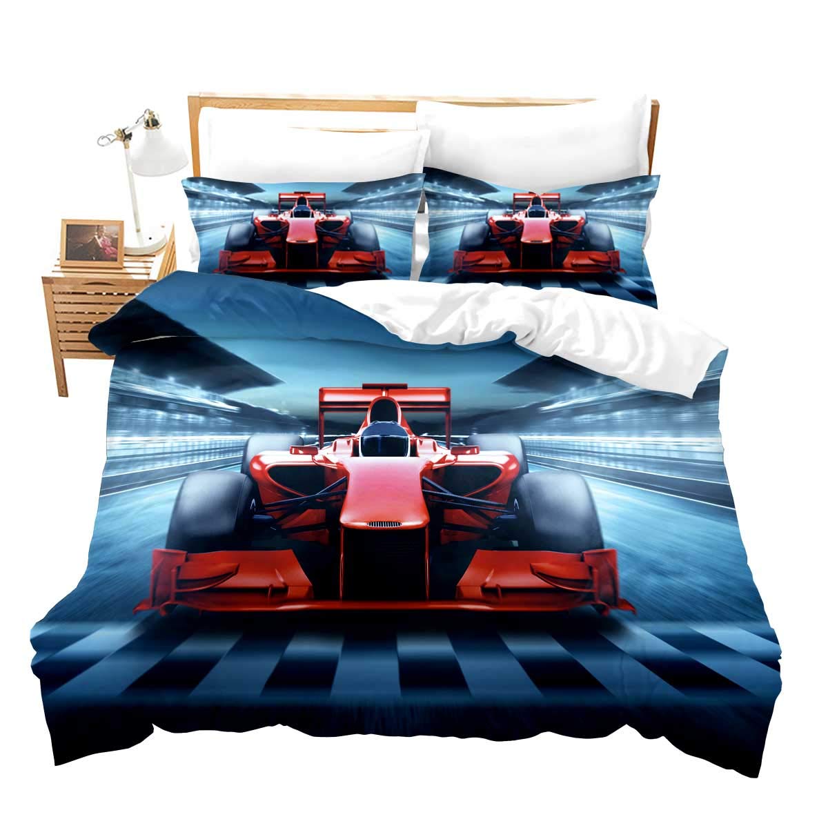 Loussiesd Race Car Bedding Set Single for Boys Kids Teens Men Speed Sports Car Quilt Cover Extreme Sports Theme Comforter Cover with 1 Pillowcases Soft Microfiber Automobile Quilt Cover Zipper 2Pcs