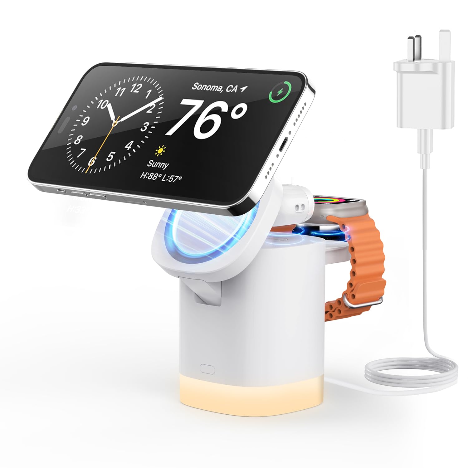 JoyGeek 3-in-1 Charger Stand for Magsafe, Foldable Wireless Charging Station with Night Lights, Magnetic Charger Dock for iPhone 17/16/15/14/13/12 Pro/Max, AirPods 4-2, Apple Watch 2-11/Ultra (White)