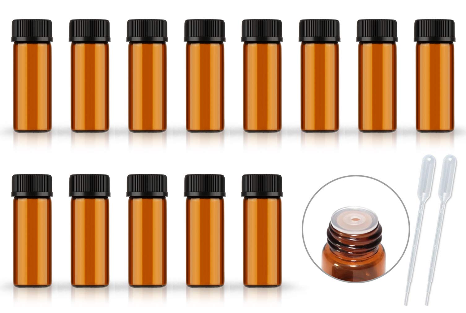 50Pack Set 5ML Amber Glass Bottle with Orifice Reducer and Cap Small Essential Oil Vials（5ML)