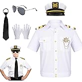 HTPARY Sailor Captain Costume Men Yacht Rock Party Attire Outfit Shirt Captain Hat Costume Accessories for Party Dess Up