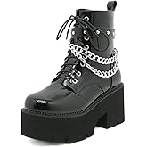 mikarka Women's Chain Platform Boots Lace Up & Zipper Chunky Heel Black Combat Ankle Booties Fashion Studded Motorcycle Boots