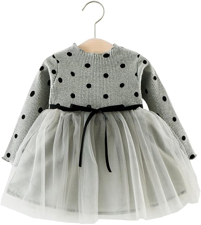 Amazon Co Jp Fevon ワンピース 子供 ベビー服 女の子 長袖 春 秋 冬 プリンセス キッズドレス ふわふわ チュール ニット切り替え 可愛い ドット柄 ガールズ 女児 赤ちゃん 新生児 出産祝い 入園式 通園 七五三 プレゼント 服 ファッション小物