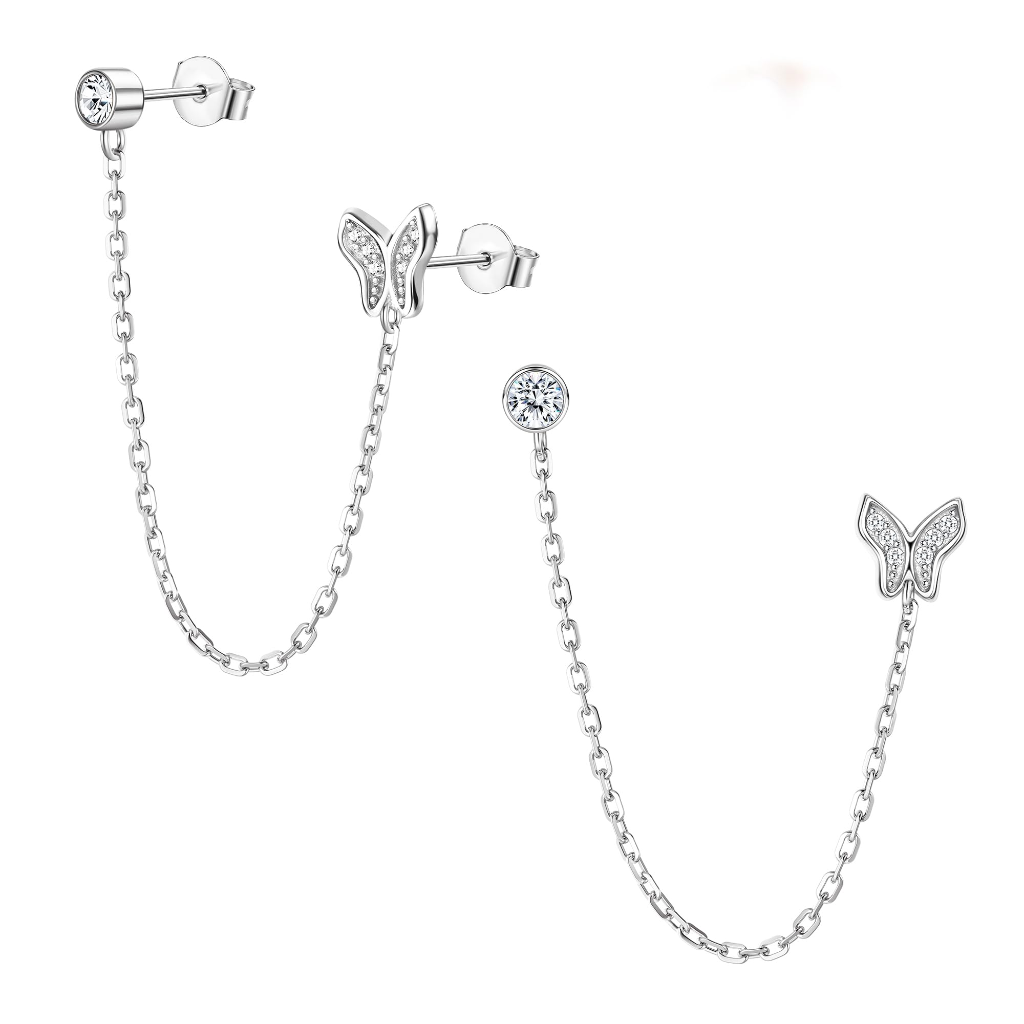 Finrezio 925 Sterling Silver Double Hole Chain Earrings for Women Butterfly Stud Earring Double Piercing Minimalist Dangle Tassel Chains Earrings Cartilage Hopp Chain Earrings Hypoallergenic