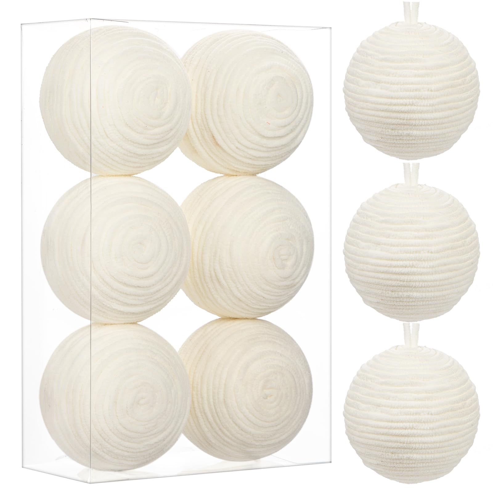 Oairse 10cm White Christmas Ornament Balls, 6PCS Large Decorative Yarn Balls Christmas Baubles Ornament for Christmas Tree Decorations Xmas Halloween Holiday Party Table Centrepiece Decor
