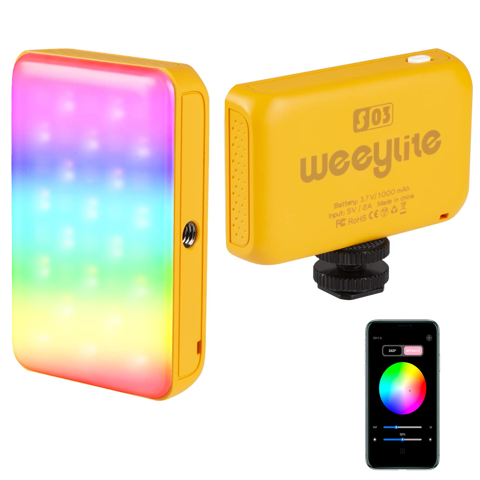 Weeylite S03 Mini RGB Video Lights,APP Control Portable LED On-Camera Photography Light,360° Full Color Rechargeable CRI 95+ 2800-6800K Dimmable Panel Lamp with Cold Shoe -Grey