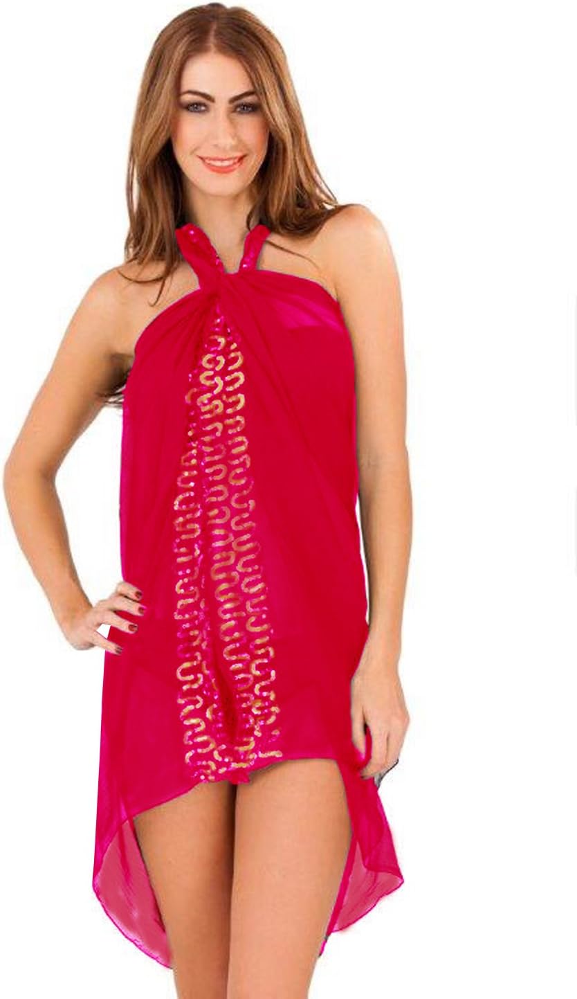 Ladies SAFFRON Chiffon Sequin Pareo / Sarong / Beach Cover Up - Red - One Size