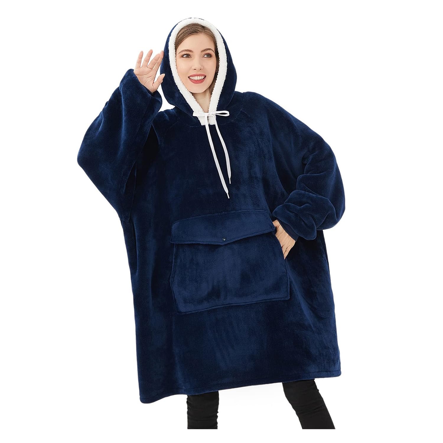 Qeils Wearable Blanket Hoodie for Women, Comfy Sherpa Sweatshirt Blanket as Birthday Christmas Gifts, Oversized Pullover Jacket Blanket Hoodie for Adult (Navy, Adult) Image
