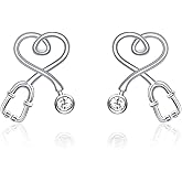 Stethoscope Earrings 925 Sterling Silver Heart Studs Earrings 12 Months Birthstone Crystals from Austria, Graduation Jewelry Gifts for Nurse Doctor RN Medical Student
