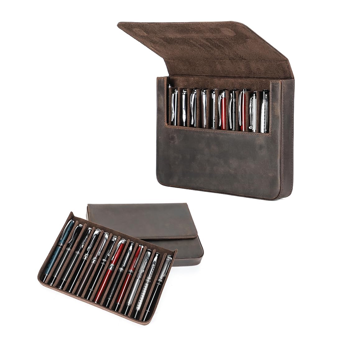 CONTACTS Leather 12 Pen Case Holder,Large Brushes Pencil Display,Pen Protective Travel Sleeve,Old School Elegant Desk Accessory Organizer Box — image 1