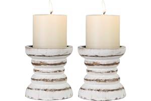 CEDARLUX Candle Holder for Pillar Candle Set of 2, Farmhouse Wood Candle Holder, Rustic Wooden Candle Stand, Vintage Small Wooden Candlestick Holders for Living Room, Table Centerpiece, Rustic White