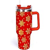Whaline 40oz Christmas Tumbler with Handle Straw and Lid Red Gold Snowflake Travel Tumbler Coffee Cup for Xmas Winter Holiday Party Home Office
