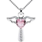 Ckysee Silver Plated Angel Birthstone Necklace,Cubic Zirconia Cross Necklace for Women,First Communion Baptism Gifts