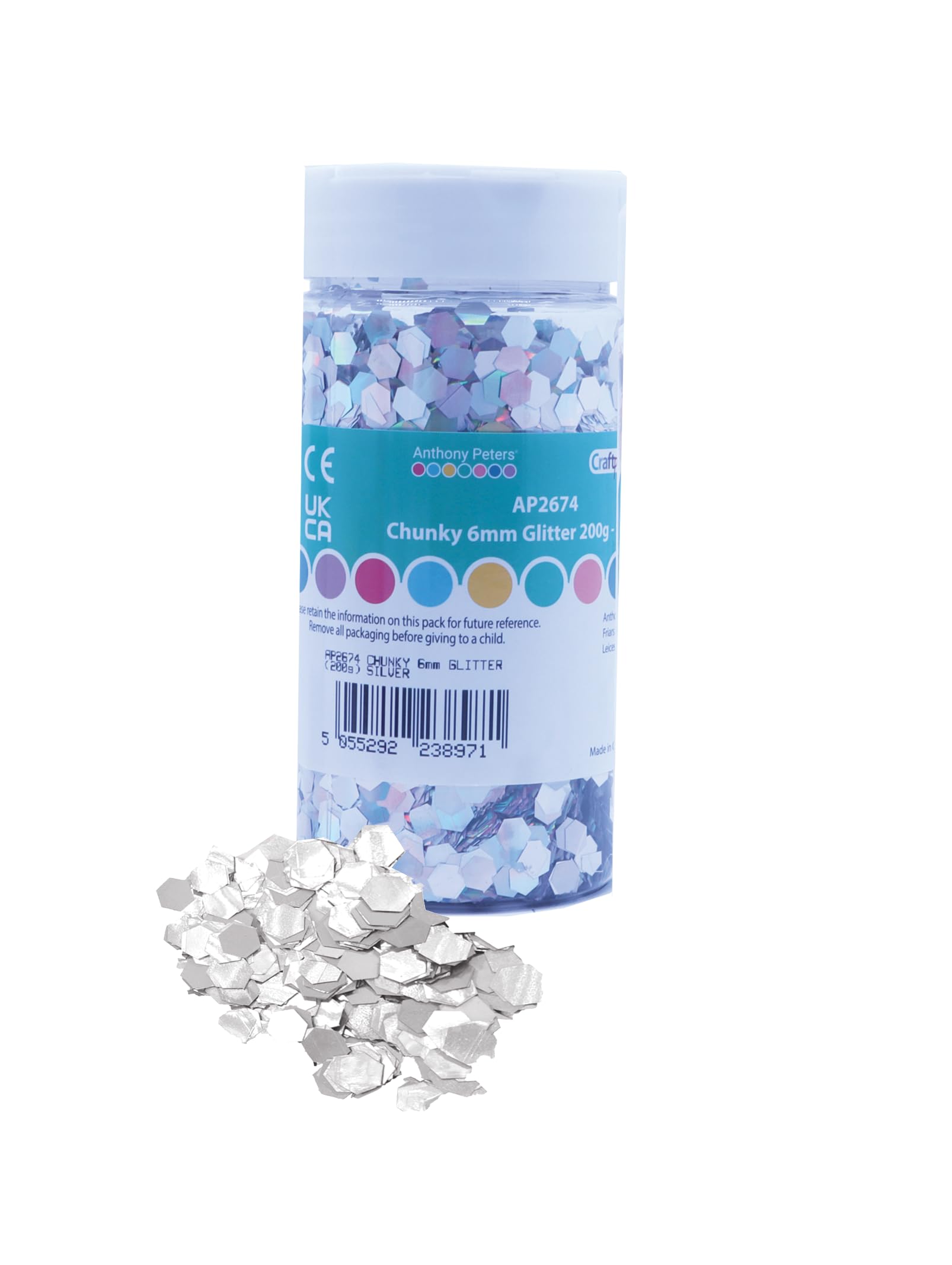 Chunky Glitter | 6mm Hexagon Glitter | 200 Grams tub | Shaker lid Easy Pouring | Glitter Art (Silver)