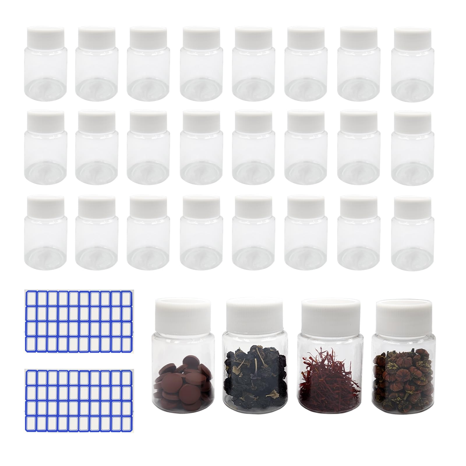 BuxiuGK 30 Pcs 30ml Plastic Pill Bottles with White Screw Cap,Transparent Empty Travel Bottles Portable with 2 Sheets of Labels(80Pcs Sticker) for Liquid Tablet Pill