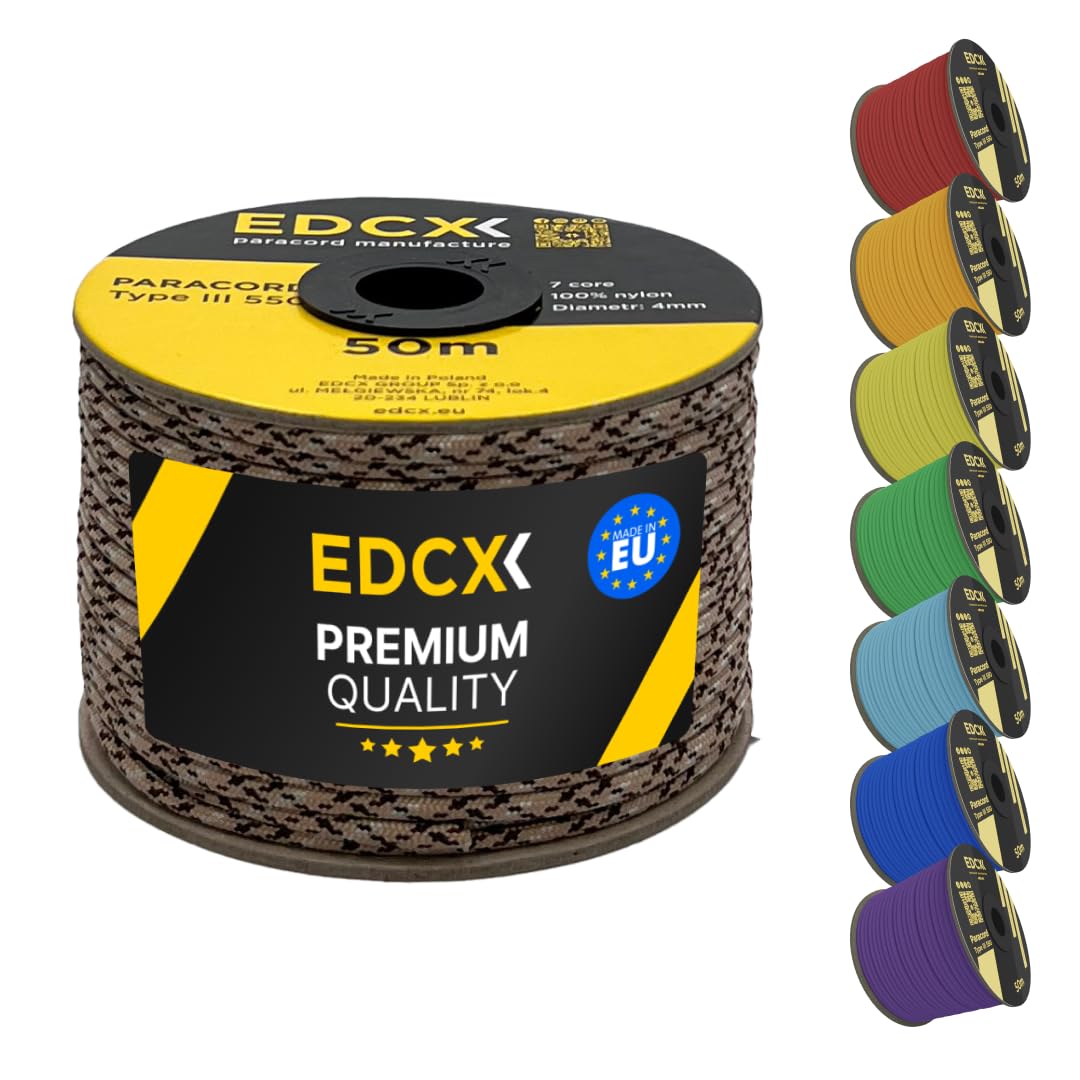EDCX 4mm Nylon Paracord 550 50m (165 feet) | Ideal for Camping, Survival, Outdoor, Crafting, DIY | 100% Nylon Rope 4mm | Paracord 550 Type III in Solid Color (Desert Camo, 50 m)