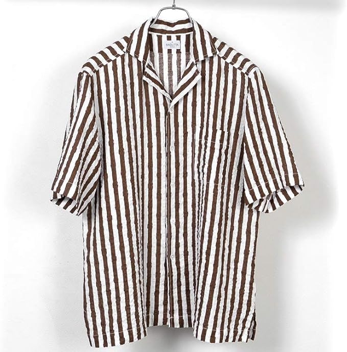 Amazon バグッタ Bagutta 国内正規品 ss 製品洗いリネンシアサッカーストライプ半袖オープンカラーシャツ Maui ホワイト ブラウン 42 メンズ シャツ 通販