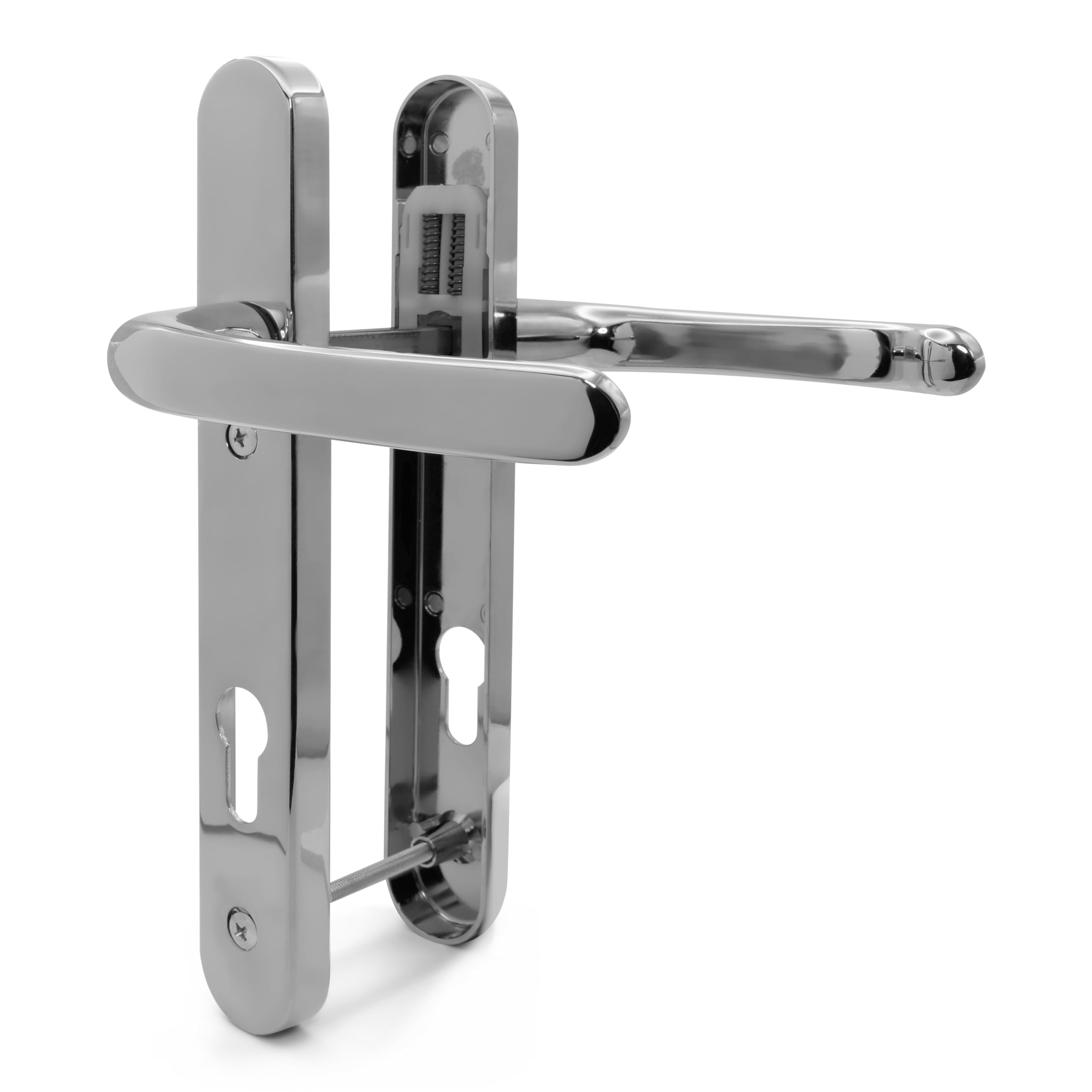 TSS Polished Chrome UPVC Door Handle Set, Sprung, 92mm PZ, Lever Lever, 122mm Screw to Screw, Backplate 245mm x 34mm - PVC Door Handle Replacement