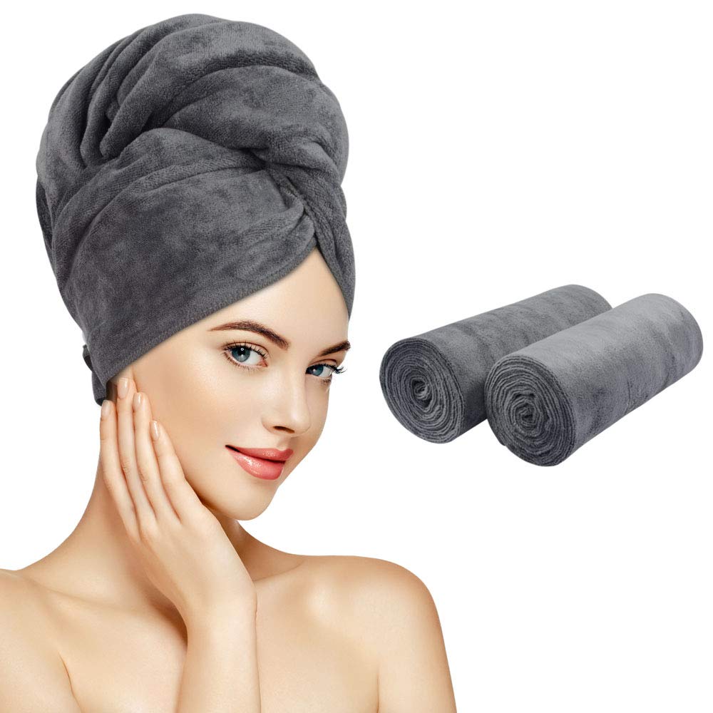 Photo 1 of SUNLAND Microfiber Hair Towels Anti Frizz Hair Drying Towel Super Absorbent Fast Drying Turbans for Wet Curly Hair Soft Hair Towel Wrap with Elastic Band for All Hair Types 40 X 20 inches 2Pack Grey