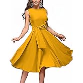 FENJAR Women's Elegance Audrey Hepburn Style Ruched Dress Round Neck Sleeveless Swing Midi A-line Dresses