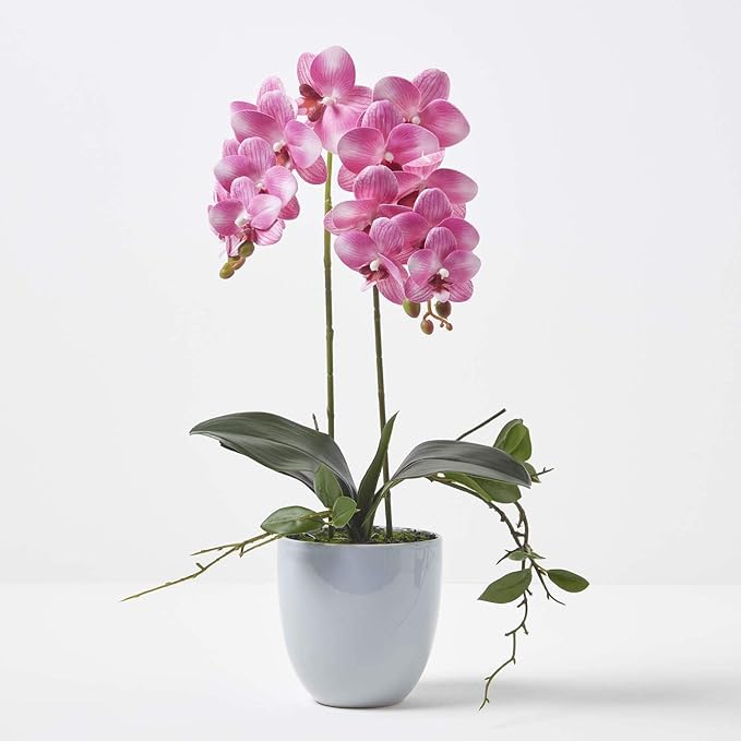 HOMESCAPES Artificial Pink Orchid in Pot 54 cm Tall Lifelike Faux Orchid Plant In Grey Ceramic